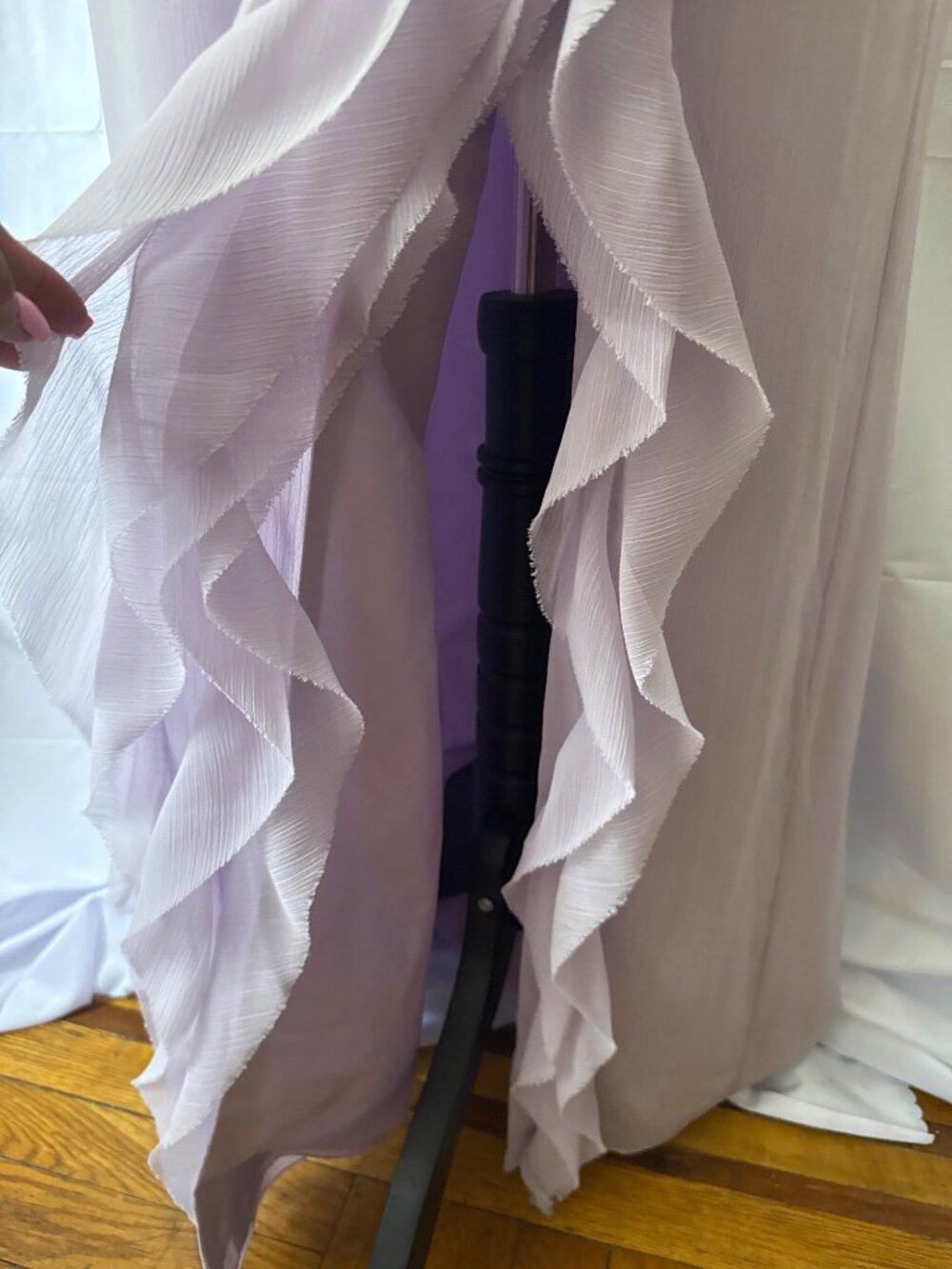 Lavender Ruffled One-Shoulder Flowing Chiffon Cascading Ruffle Front Dress - Picture 9 of 16